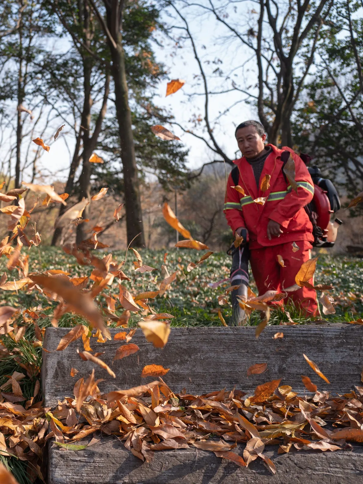 Tuinman blaast met een bladblazer herfstbladeren op die door de lucht dwarrelen