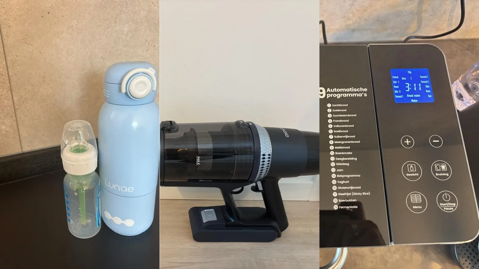 Producten die we zelf in handen hadden voor onze reviews: de Lunae flessenwarmer, de Samako CleanDetect en de Fornello broodbakmachine