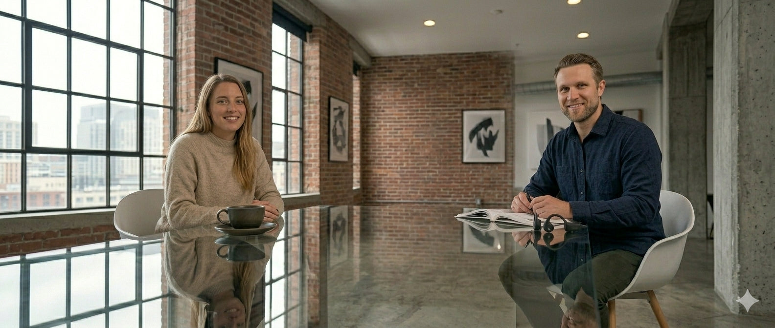 Twee collega's van OnlineTopReviews overleggen aan een tafel tijdens een productbeoordeling