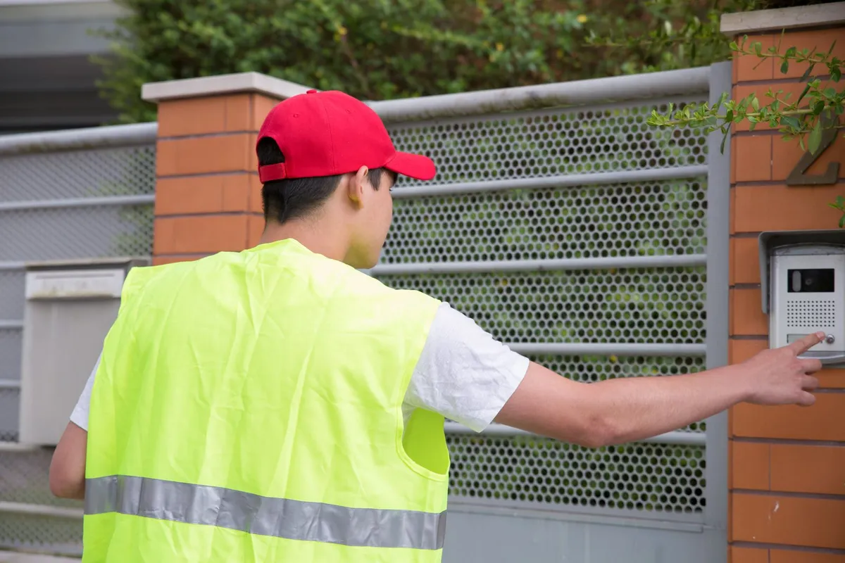 Bezorger drukt op een deurbel met camera bij een tuinhek