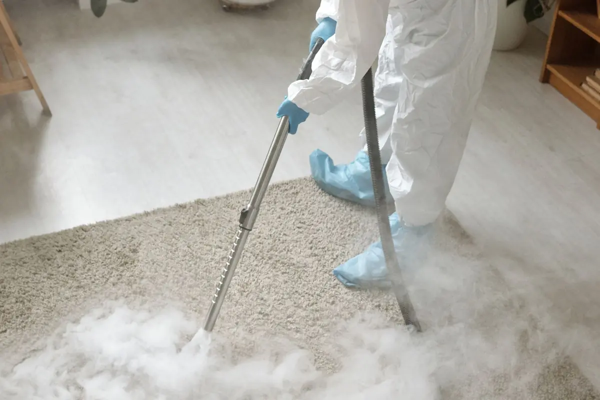 Beige hoogpolig vloerkleed wordt met een stoomreiniger behandeld, met stoomwolken rond het mondstuk
